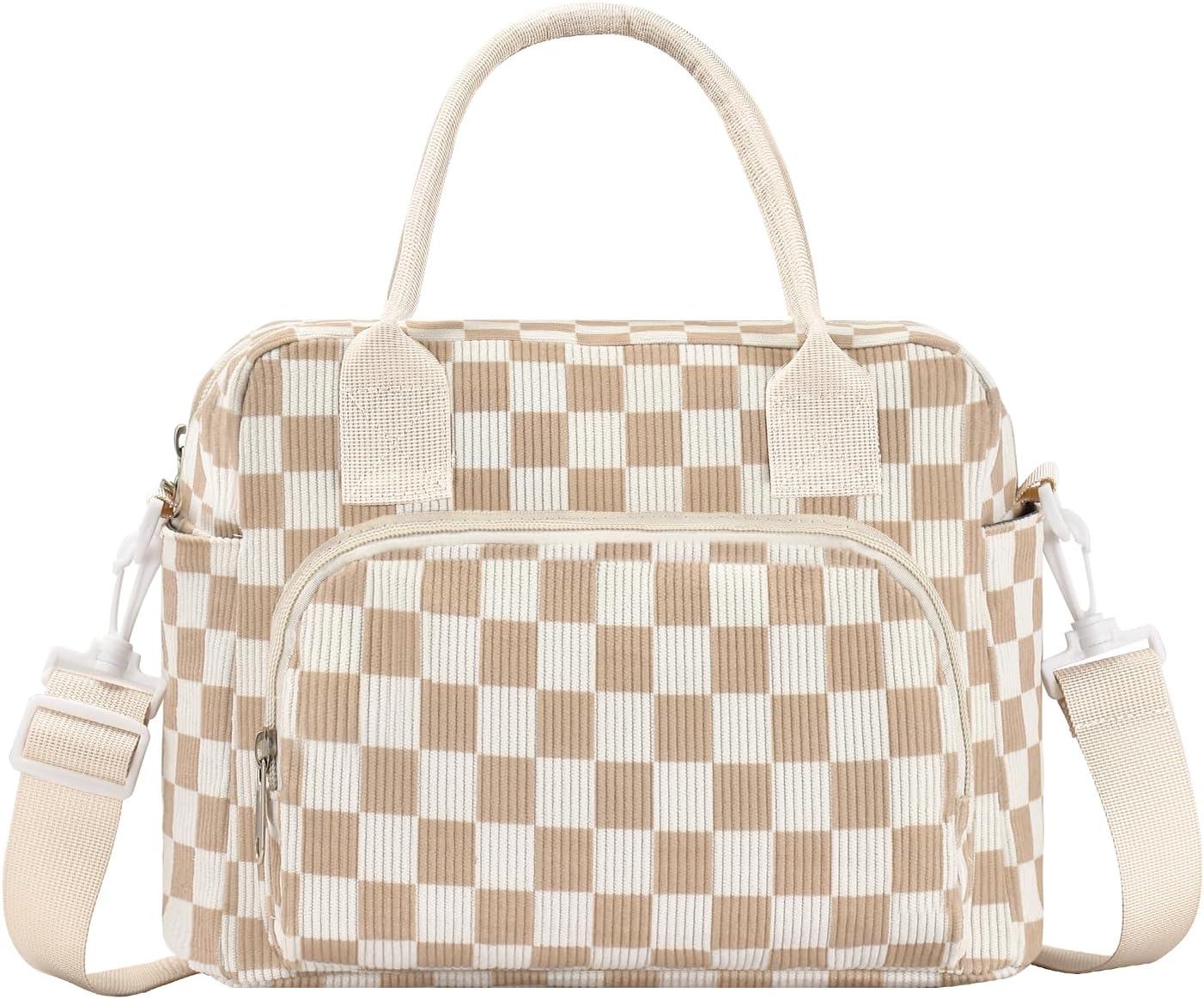Insulated lunch bag, small cooler tote, beige brown plaid