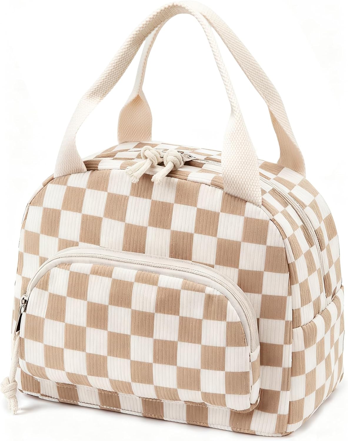 Insulated lunch bag, larger cooler tote, beige brown plaid