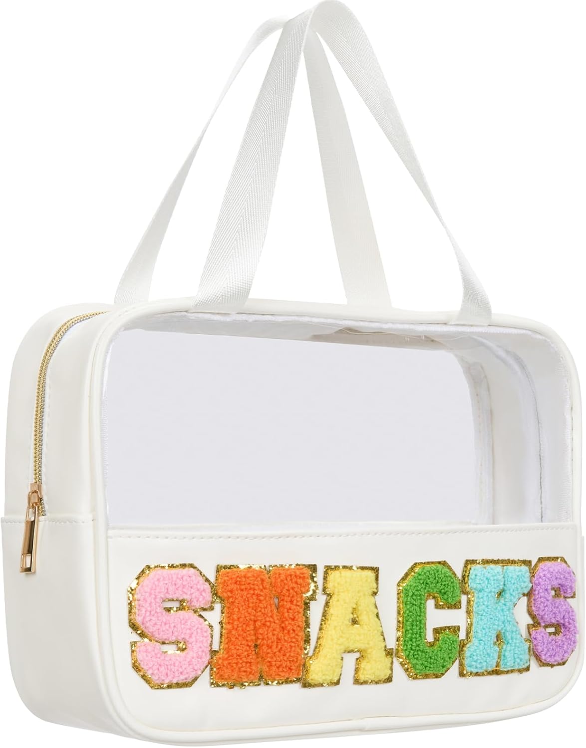 Clear chenille varsity letter zipper pouch with glitter patch letters