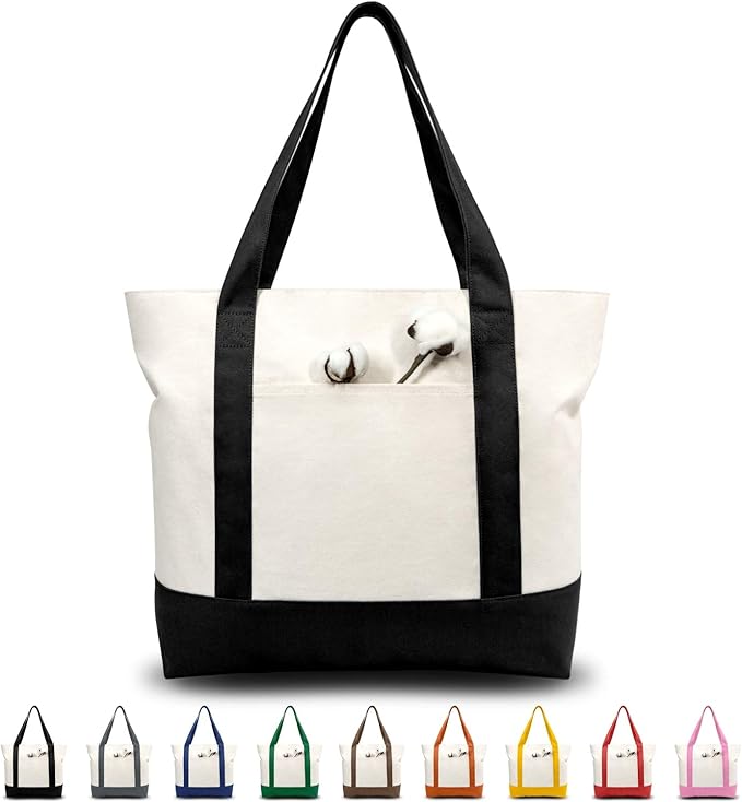 Budget canvas tote with external pocket and top zipper
