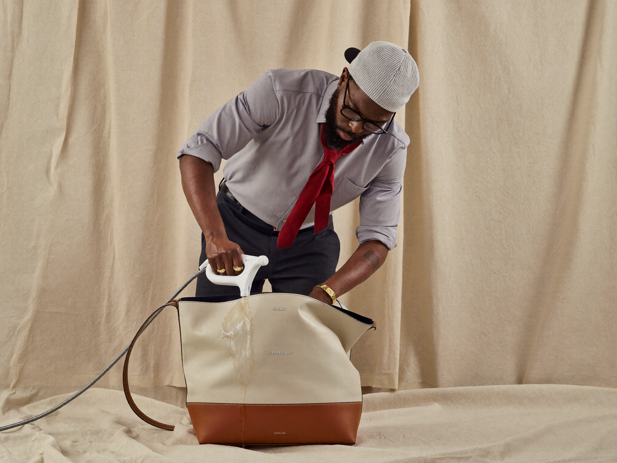 A canvas tote being hand cleaned with a soft brush and mild detergent