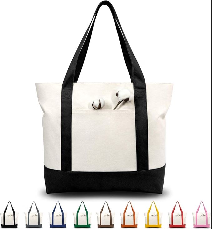 Canvas tote with external pocket and zipper